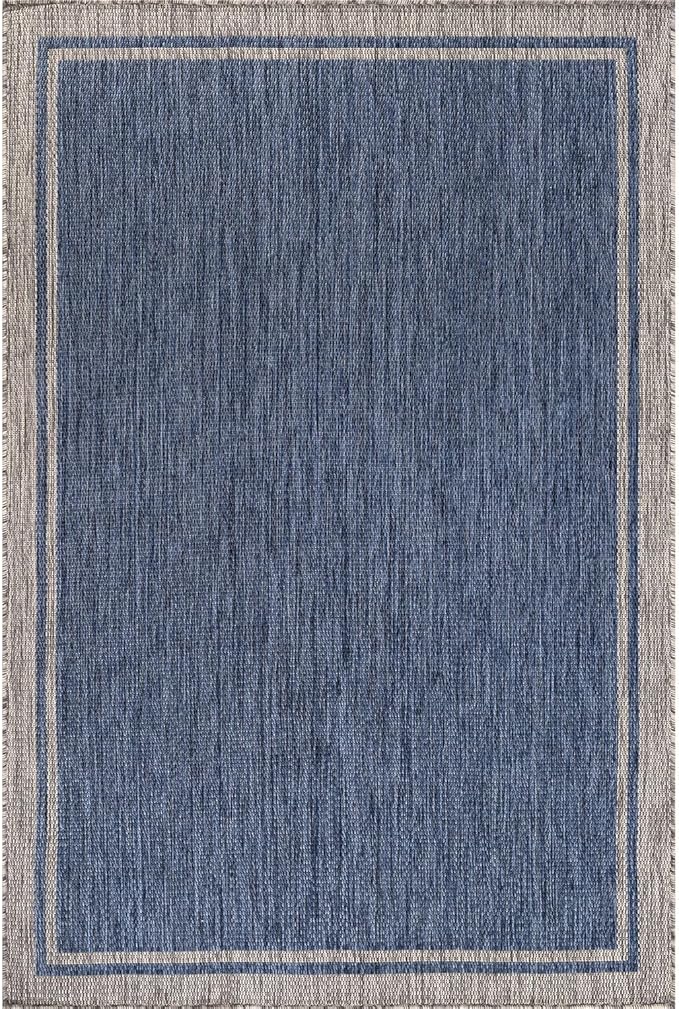 CAMILSON Outdoor Rug, 8x10 Bordered Navy Blue Gray Modern Area Rugs for Indoor and Outdoor Patios, Porches Waterproof Washable Porch Deck Outside Carpet (Bordered Navy, 8 x 10)