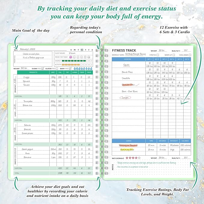 Wellness Planner & Fitness Log - Daily Diet & Health Journal with Weight Loss, Wellness Journal Notebook for Tracking Fitness, Sleep, Nutrition, Meal, Habits, A5(5.8 x 8.6 inch) (Green)