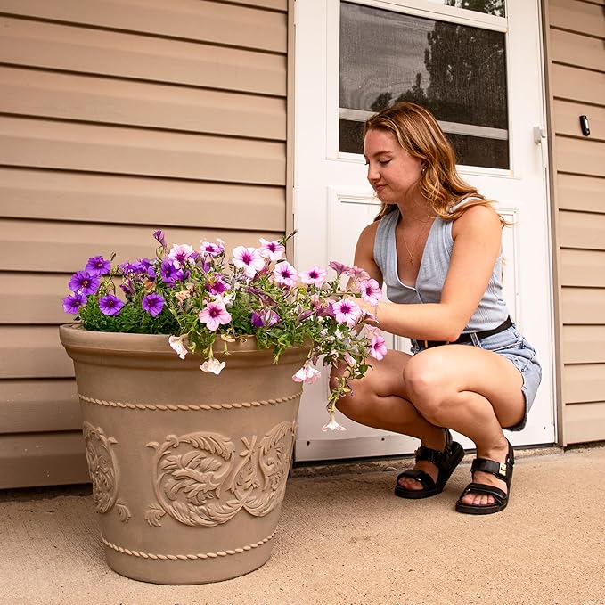 Sunnydaze 19.5-Inch Arabella Large Plant Pot - Polyresin Round Outdoor Planter with Drillable Drainage Holes - Beige
