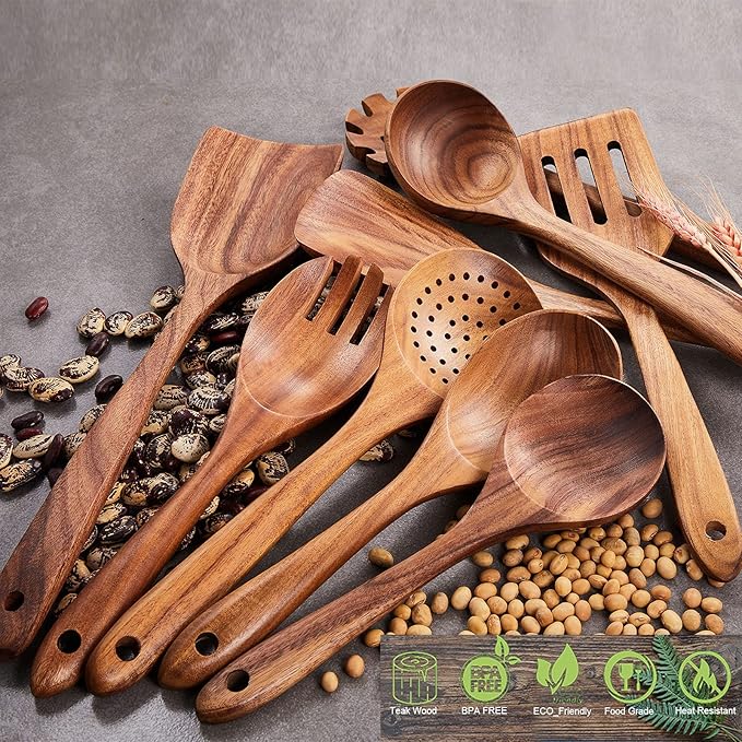 Wooden Kitchen Utensils Set,GUDAMAYE 6 PCE Wooden Spoons for Cooking,Wooden Cooking Utensils,Natural Teak Wooden Spoons For Non-stick Pan