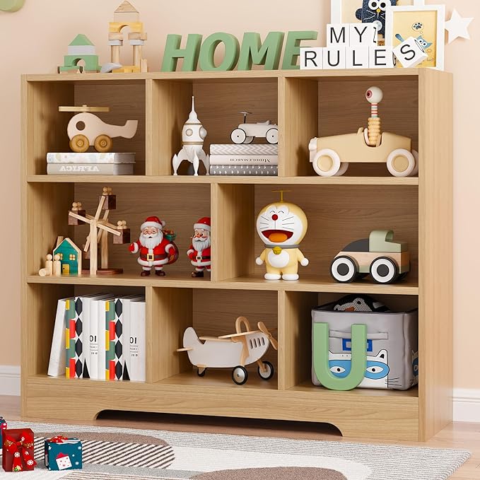Book Shelf, 8 Cubes Storage Organizer, 3-Tier Open Shelf Wooden Bookcase, Freestanding Log Bookshelf Cube Shelf for Bedroom, Living Room, Home Office