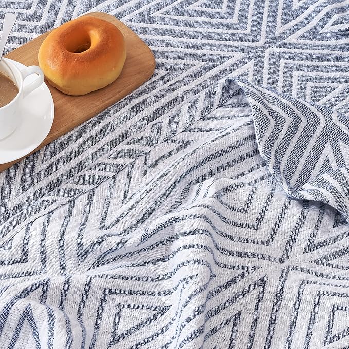 JINCHAN Boho 100% Cotton Blanket Muslin Twin Size 60x80 Inches Lightweight 3-Layer Geometric Triangle Striped Pattern Reversible Quilt Throw Soft Breathable Comfy All Seasons for Couch Bed Decor, Blue