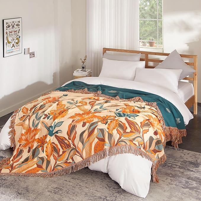 Boho Throw Blanket for Bed 60”x80”, 100% Cotton Woven Blanket for Couch Sofa, Ultra Soft 4-Layer Muslin Quilt with Floral Printed, Farmhouse Bed Blanket/Cover for Living Room Decor