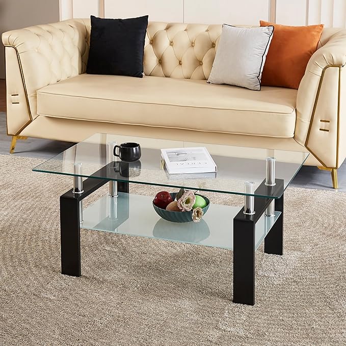 Glass Coffee Table for Living Room, 2 Layer Center Table with Clear Rectangle Tempered Glass Top Black Metal Leg, Mordern Home Office Furniture