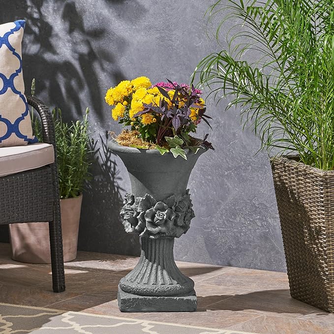 Christopher Knight Home Jorine Light Concrete Planter, Patio Planter, Mid-Centry Gadern Urn, Large Garden Pot, Floral Relif Design, Flower Urn with Drainage Hole for Backyard Home, Antique Gray