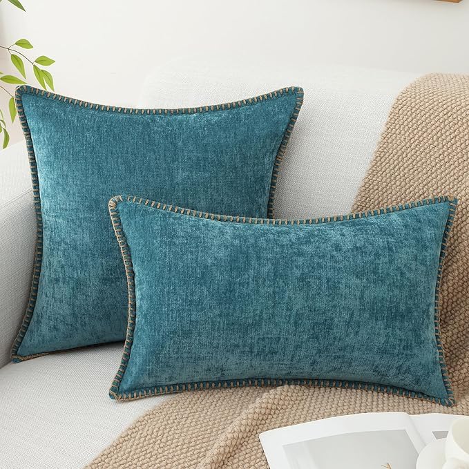 decorUhome Chenille Soft Throw Pillow Covers 12x20 Set of 2, Lumbar Velvet Farmhouse Neutral Decorative Euro Pillow Covers with Stitched Edge for Couch Sofa Bed Home Decor, Teal