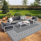 GENIMO Outdoor Rug Waterproof Area 10'x14' for Patio, Foldable Reversible Plastic Straw Carpet for Travel Trailers, Outside Mat for Rv, Deck, Picnic, Porch, Camper, Balcony, Beach, Grey & White