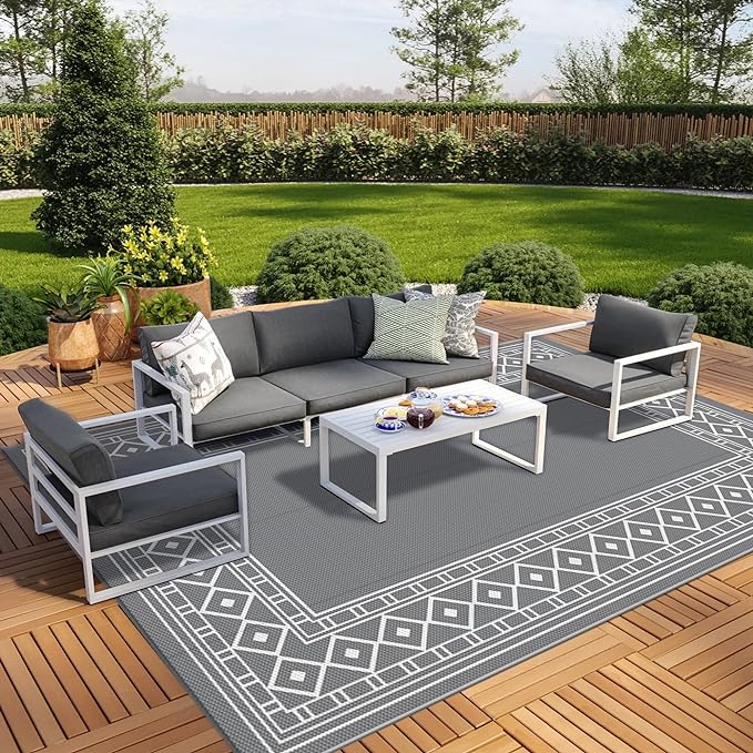 GENIMO Outdoor Rug Waterproof Area 10'x14' for Patio, Foldable Reversible Plastic Straw Carpet for Travel Trailers, Outside Mat for Rv, Deck, Picnic, Porch, Camper, Balcony, Beach, Grey & White