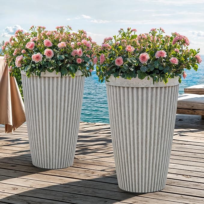 20" Resin Tall Planters for Outdoor Plants, Set of 2 Vintage Gray Large Flower Pots with Handmade Fluted Texture, Heavy-Duty and Weather-Resistant for Year Round Indoor Outdoor use