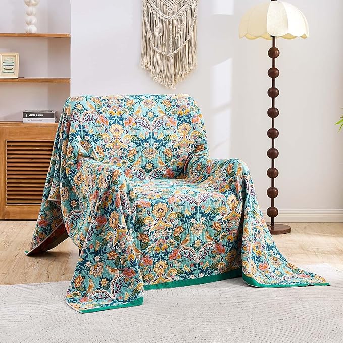 Boho Blanket Throw Quilt, 100% Cotton Soft Light Weight Throw Blankets for Summer, 50"x60" Farmhouse Flower Decorative Blankets, All Season Rustic Reversible Bohemian Throw Quilt