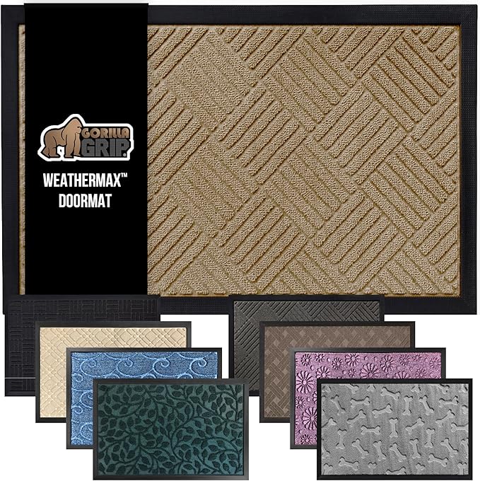 GORILLA GRIP 100% Waterproof All-Season WeatherMax Doormat US Designed Natural Rubber, Stain and Fade Resistant, Low Profile Indoor Outdoor Door Mats, Easy Clean Patio Mat, 23x35, Beige Diamond