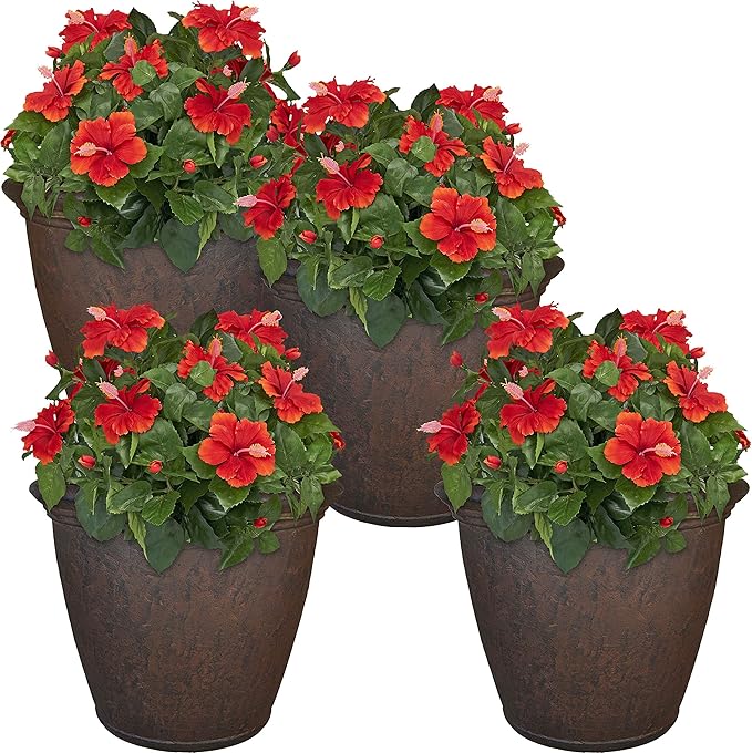 Sunnydaze 24-Inch Anjelica Large Plastic Pot for Plants - Outdoor Polyresin Round Planter with Drillable Drainage Holes - Rust - 4pk