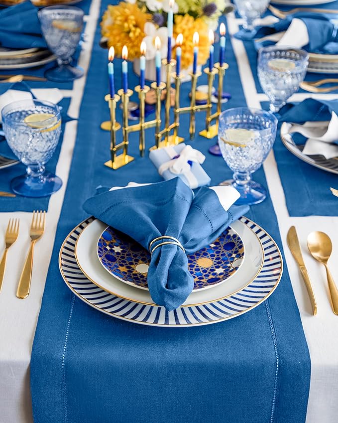 Solino Home Linen Hemstitch Table Runner 120 Inches Long - 100% Pure Linen Indigo Blue Table Runner 14 x 120 Inch for Fall, Autumn - Classic Hemstitch