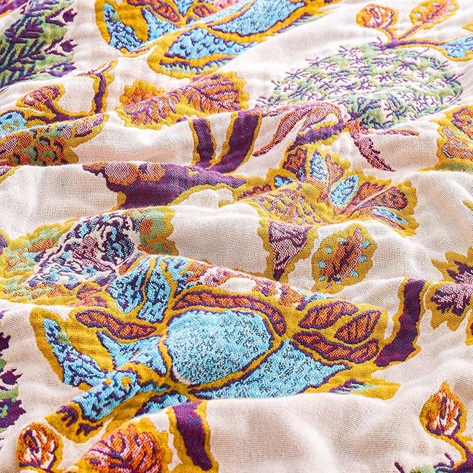 Boho Throw Blanket for Bed, 100% Cotton Soft Rustic Quilt Fall Blanket, 50"x60" Floral Printed Farmhouse Decor Bed Blankets, All Season Rustic Reversible Bohemian Throw Quilt