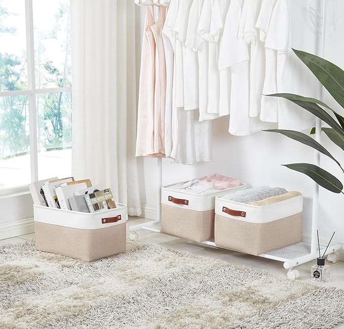 DECOMOMO Storage Bins Fabric Storage Baskets for Shelves, Linen Closet Organization Toys Nursery (Beige and White, Large - 3 Pack)