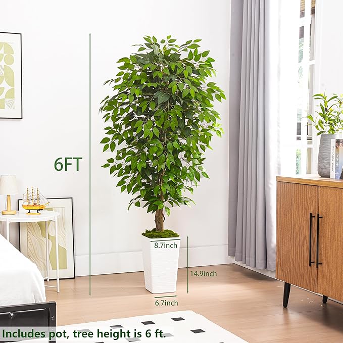 Artificial Ficus Tree 6FT Faux Floor Tree with Planter UV Resistant Potted Fake Silk Plant, Real Wood Trunk-Indoor Outdoor Lifelike Fake Ficus Tree for Home, Living Room Bedroom Topiary Tree