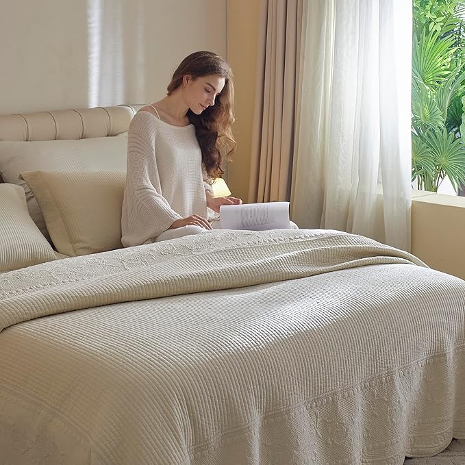 MarCielo 3-Piece 100% Cotton Oversized Bedspread Lightweight Quilt Coverlet Embroidery Farmhouse Bedding Set (TG Yellowish Beige, Oversized Queen (100"x106"))