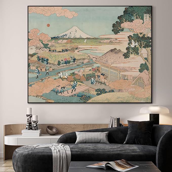 SIGNWIN 46"x60" Extra Large Framed Wall Art Japanese Ukiyo-e Landscape, Timeless Mt. Fuji Scene for Zen-Inspired or Asian-Style Interiors for Home Living Room Bedroom Decor (Frame Assembly Required)
