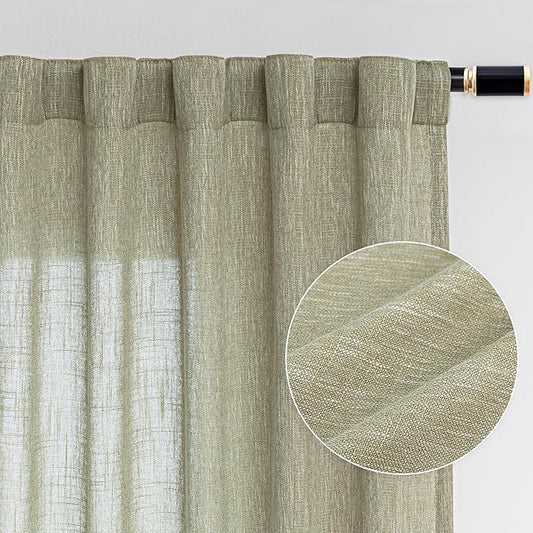 MYSKY HOME Sage Green Sheer Curtains Short Window Treatment Panels Light Filtering Semi Sheer Curtains Boho Farmhouse Style Texture Soft Touch Kitchen Drapes Set, 50" Wide x 63" Long, 2 Panels