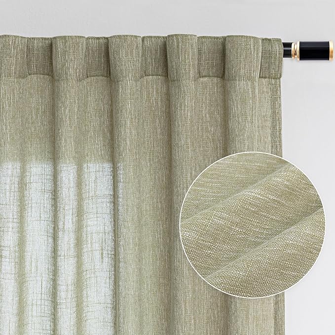 MYSKY HOME Patio Sage Curtains for Sliding Door, Living Room Curtains & Drapes Soft Farmhouse Window Treatments 90 inch Length 2 Panels Set Linen Look Semi Sheer Draperies, 50" W x 90" L, Sage Green