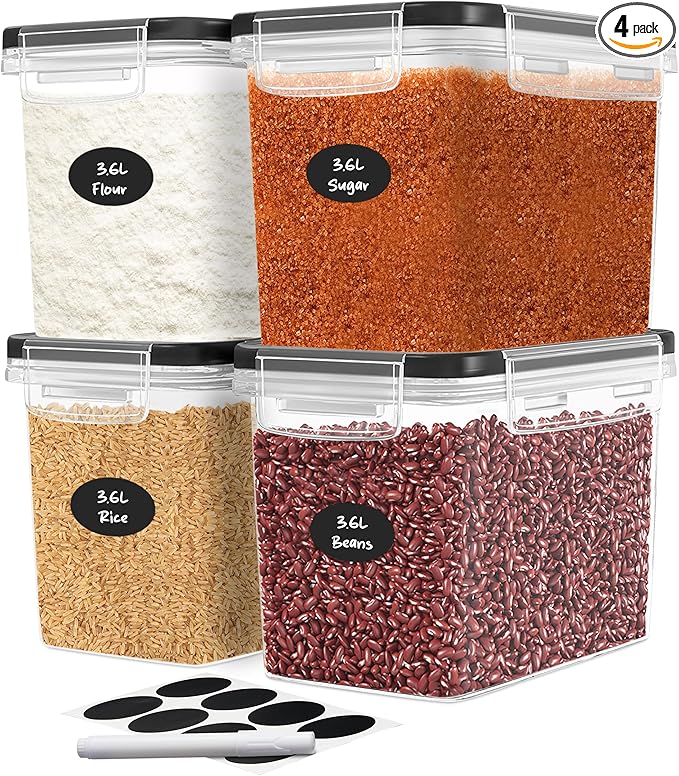 DWËLLZA KITCHEN Flour Sugar Storage Containers Set of 4; 3.6l Plastic Airtight Food Storage Containers with Lids for Kitchen Pantry Organization and Storage - Dry Food Containers, Labels & Marker