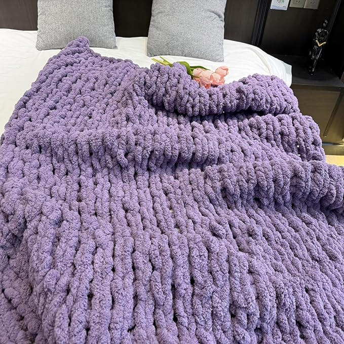 Chunky Knit Blanket Throw 40"×40", Chenille Throw Blankets, Handmade Warm & Cozy Blanket Couch Bed Home Decor, Soft Breathable Fleece Banket, Christmas for Couch Bed Sofa Best Gift (Purple)