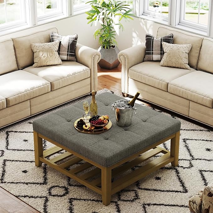 Large Square Ottoman Coffee Table, Linen Solid Upholstered Footrest Ottoman with Solid Wood Shelf Storage Tufted Coffee Table for Bedroom Living Room, Granite