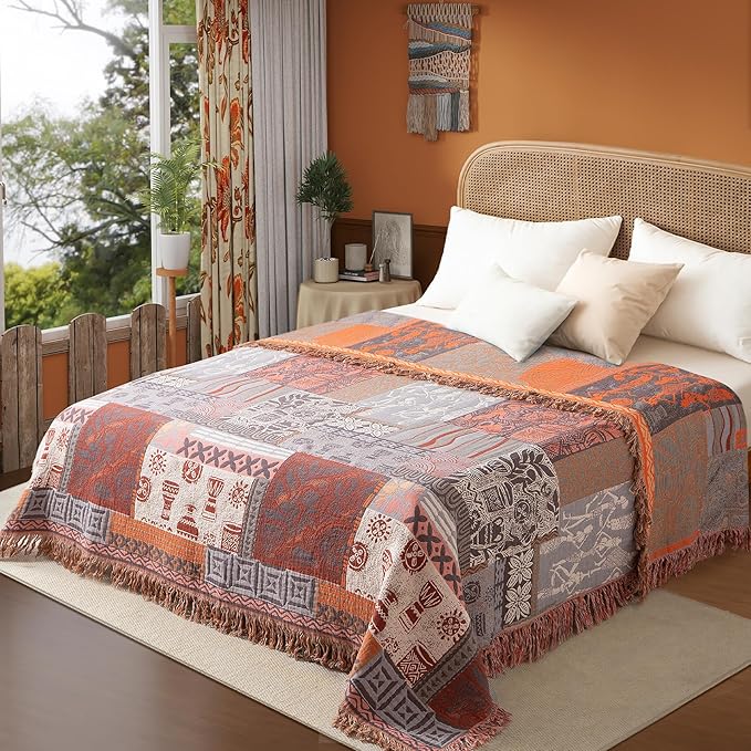 Boho Throw Blanket Full Size, Extra Large Soft Cozy Cotton Muslin Quilt Blanket for Bed Decor, Patchwork Block Couch Sofa Chair Cover, Vintage Farmhouse Cottage Woven Blanket, Red&Orange