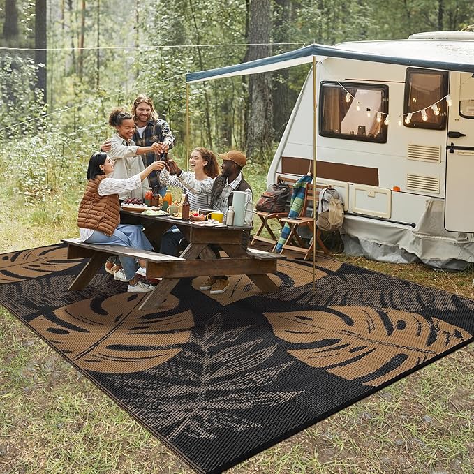 GAOMON Outdoor Rug Waterproof 9x12 Outdoor Plastic Straw Rug for Patio, Reversible Modern Camping Mat with Bag & Stakes, UV Resistant & Easy to Clean Carpet for RV, Deck, Balcony, Porch, Brown