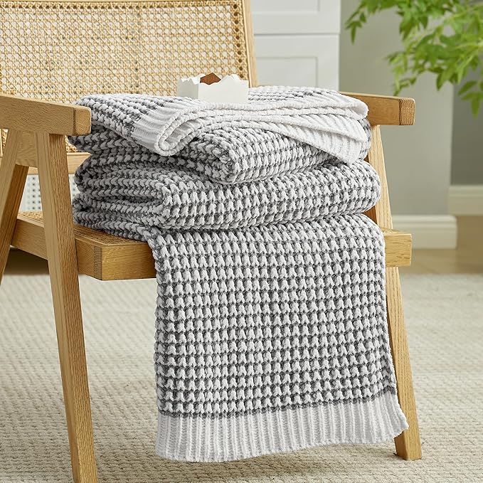 Amélie Home Chenille Waffle Throw Blanket for Couch, Reversible Pineapple Stitch Knit Soft Cozy Knit Blanket Lightweight Warm Decorative Throw for Sofa, Bed, Living Room, 50"x60", Grey&Ivory