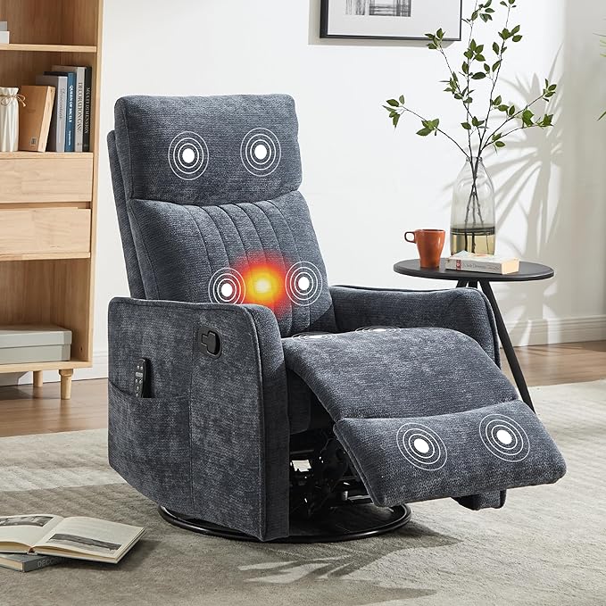 Manual Swivel Rocker Recliner Chair for Adults, Overstuffed Reclining Glider Chair for Nursing with Vibration Massage & Heat, Living Room Rocking Recliner 2-Stage backrest, Chenille Fabric Blue
