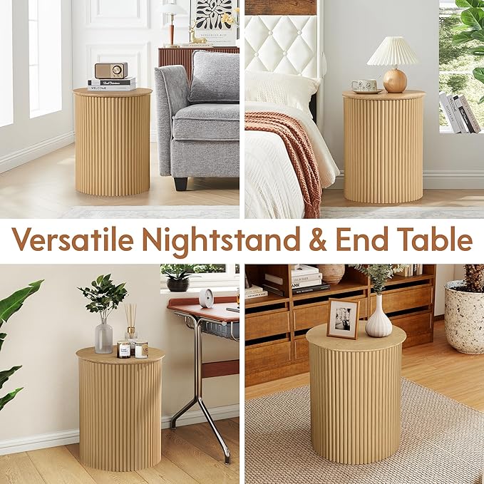 AVZEAR Fluted Round Side Table, Small End Table Modern Boho Nightstands, Circle Bedside Tables Bohemian Accent Table Wood Night Stand for Small Spaces, Living Room, Bedroom(Natural)