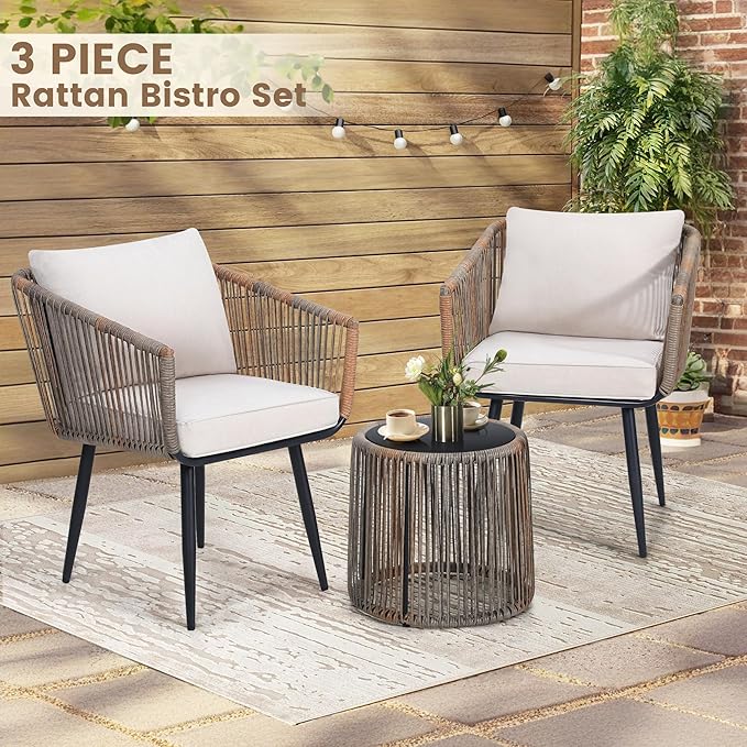 Kromax 3 Pieces Patio Rattan Bistro Conversation Set, Outdoor All-Weather Wicker Furniture Chairs and Side Table Set Ideal for Balcony, Porch and Backyard, Beige