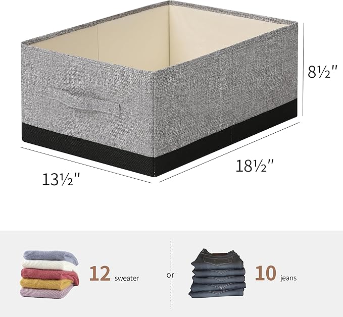 Linen Folding Storage Bins, 3 Pack Large Storage Baskets, Washable, Clothing Storage Bins with Handle, Closet Organizer for Storage Sweater,Sheets (gray black, 18½"x13½"x8½")