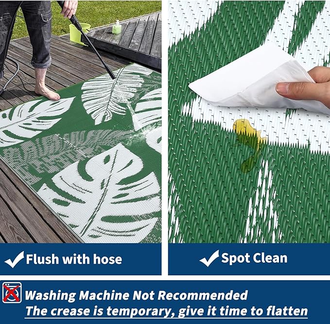 GAOMON Outdoor Rugs 9x18 Waterproof Patio Rug Outdoor Plastic Straw Rug Reversible Camping Mat, Portable RV Picnic Carpet with Bag & 4 Stakes, UV Resistant Outside Carpet for Deck Balcony, Green
