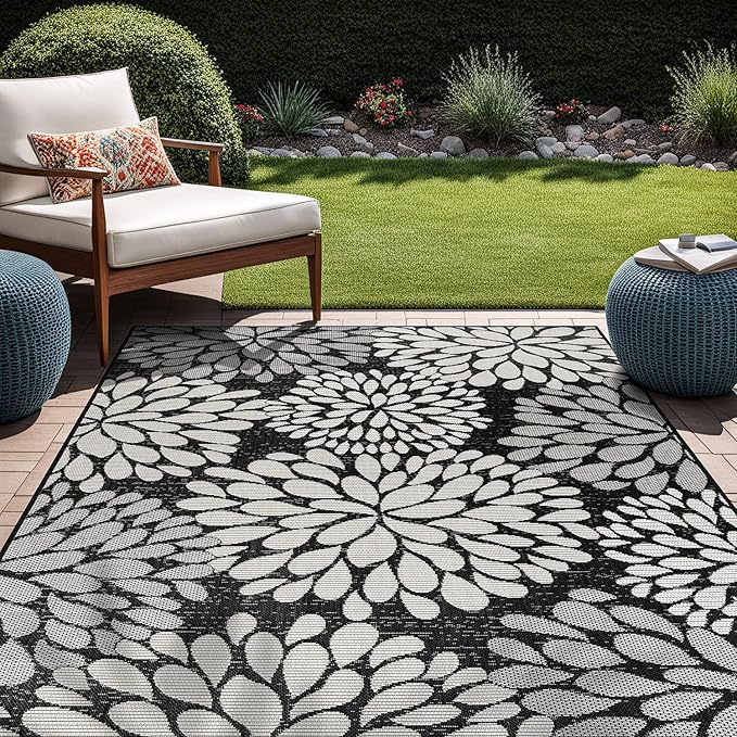 Beverly Rug Outdoor Rug 10x14 Modern Exotic Tropical Leaf Area Rugs for Indoor and Outdoor Patio Deck Porch Garden Water Resistant Washable Outside Carpet (10 x 14 Dark Gray)