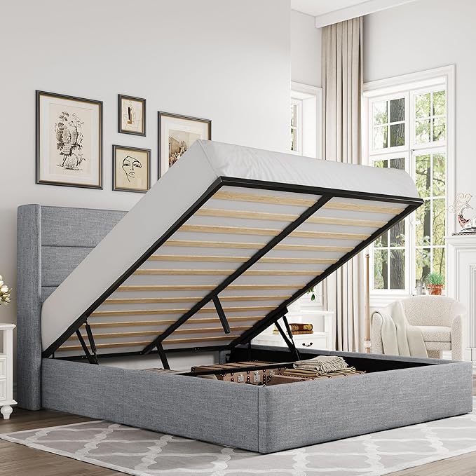 Allewie Queen Size Lift Up Storage Bed, Modern Wingback Headboard, Hydraulic Support, No Box Spring Needed, Light Grey