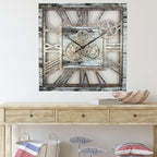 The Gears Clock 24'' Inch Square Real Moving Gear Wall Clock Vintage Industrial Oversized Rustic Farmhouse (Grey and White)