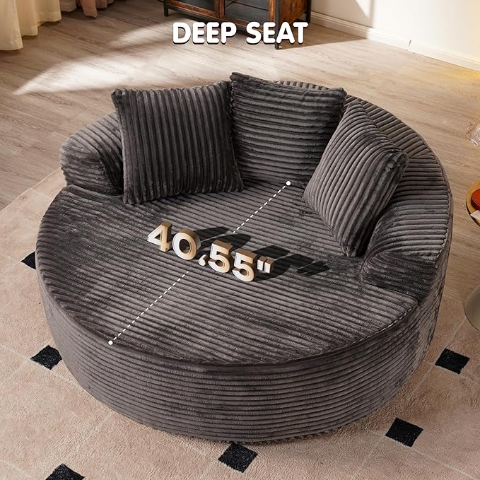 ovios 58" Oversized Round Chair Lounge Chaise Indoor, No Assembly Required, Cloud Large Circle Chair with Plush Fuax Fur, Fluffy Modern Sleeper Sofa Bed for Reading Yoga, Grey (Plush Corduroy Fabric)