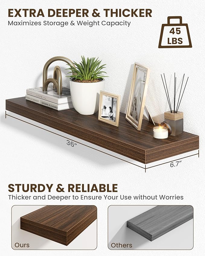 Marsmiles 36" Floating Shelves for Wall, Wooden Shelves with Invisible Brackets Set of 2, Rustic Farmhouse Wall Mounted Shelf for Kitchen Bathroom Living Room Study, Walnut