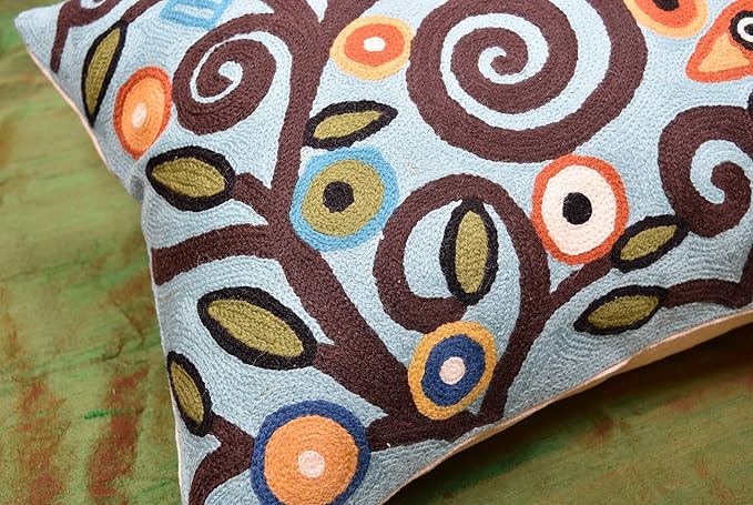 Lumbar Klimt Pillow Cover | Green Birds | Tree of Life | Modern Floral | Outdoor Pillows | Mid Century Chair Cushion | Handmade Wool Size 14x20
