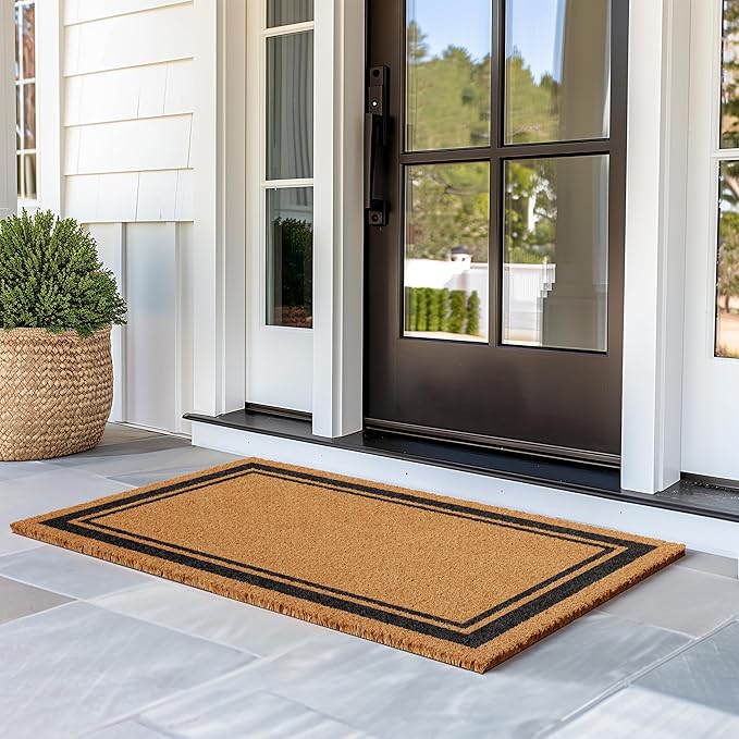 Barnyard Designs Natural Coco Coir Heavy Duty Backing Doormat - Large Cute Non-Slip Front Door Welcome Mat for Outside Entrance or Porch Entry, Brown (30x48, Border)