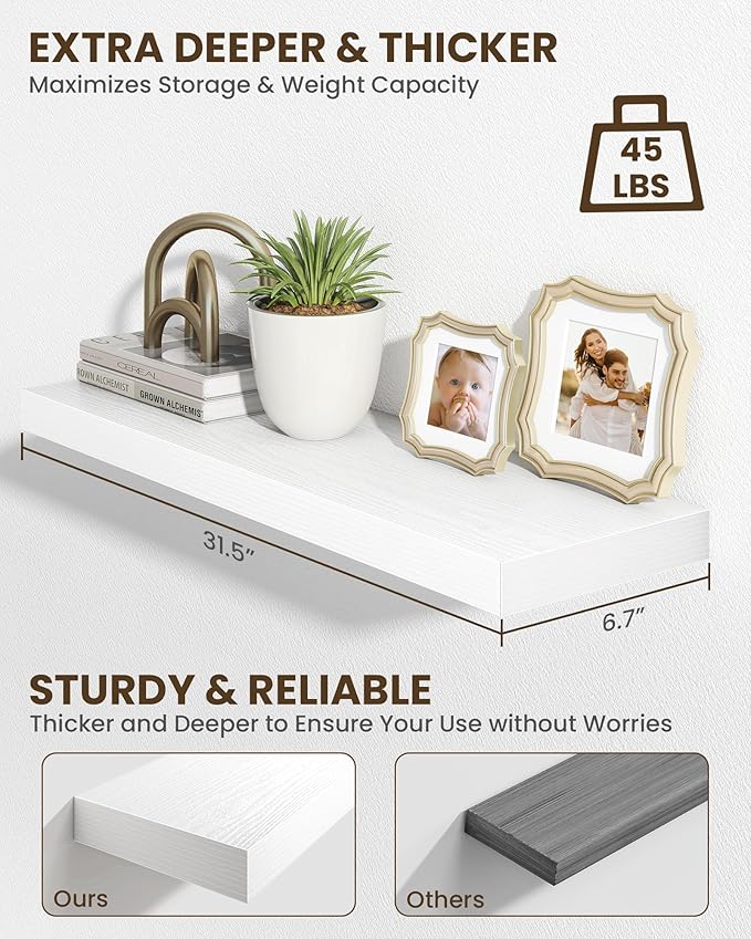 Marsmiles 31.5" Floating Shelves for Wall, Wooden Shelves with Invisible Brackets Set of 2, Rustic Farmhouse Wall Mounted Shelf for Kitchen Bathroom Living Room Study, White