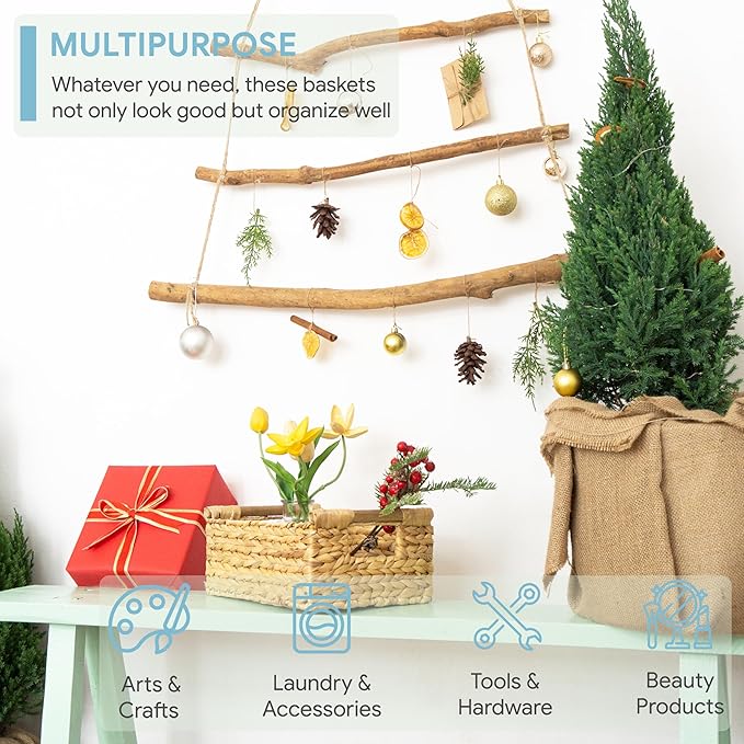 VATIMA Hyacinth Small Wicker Basket 11.6x8.1x4.9" - Bathroom Organizer, Wooden Handle, Decorative Storage