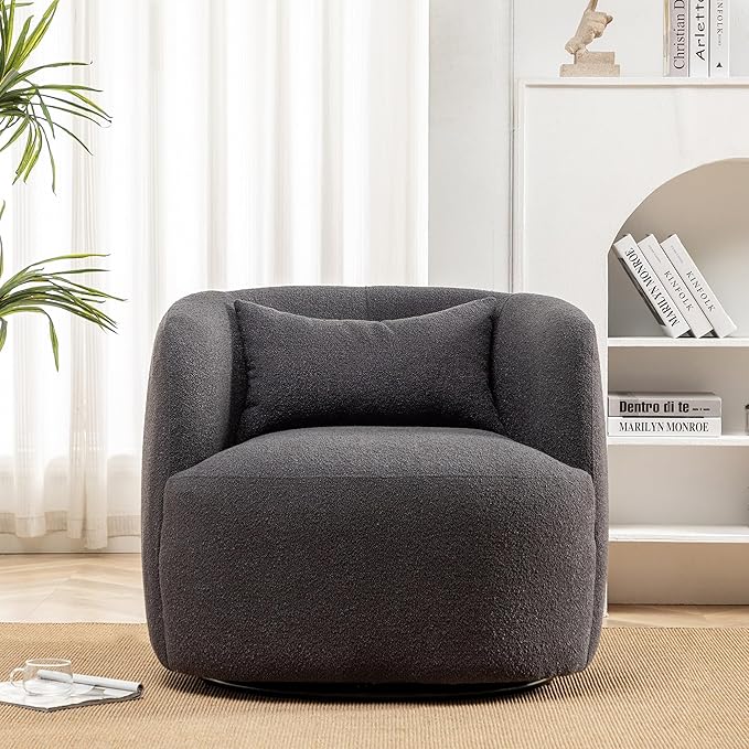 KINWELL 34" Wide Boucle Swivel Barrel Chair, No Assembly Round Upholstered Armchair Accent Chair Single Sofa Chair with Toss Pillow for Living Room and Bedroom, Dark Grey