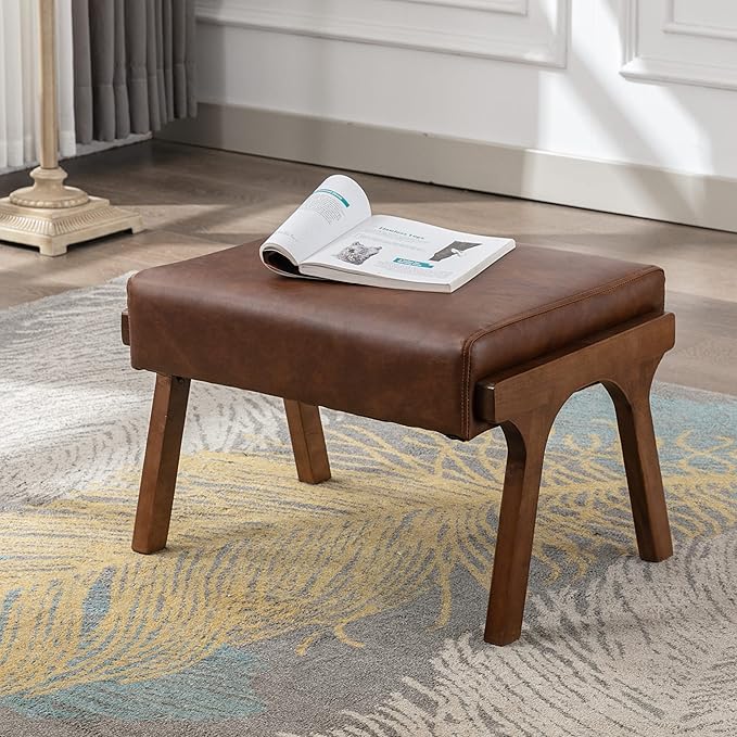 chairus Mid-Century Modern Accent Chair with Ottoman, Faux Leather Armchair with Wood Legs Comfy Upholstered Single Sofa Chair for Living Room/Bedroom/Lounge, Brown