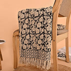 Handmade Cotton Throw Blanket 48x70 Inches | Black & Beige Floral Block Print Decorative Sofa Throw with Tassels | Large Lightweight Cotton Bedspread for Living Room, Couch, or Bedroom