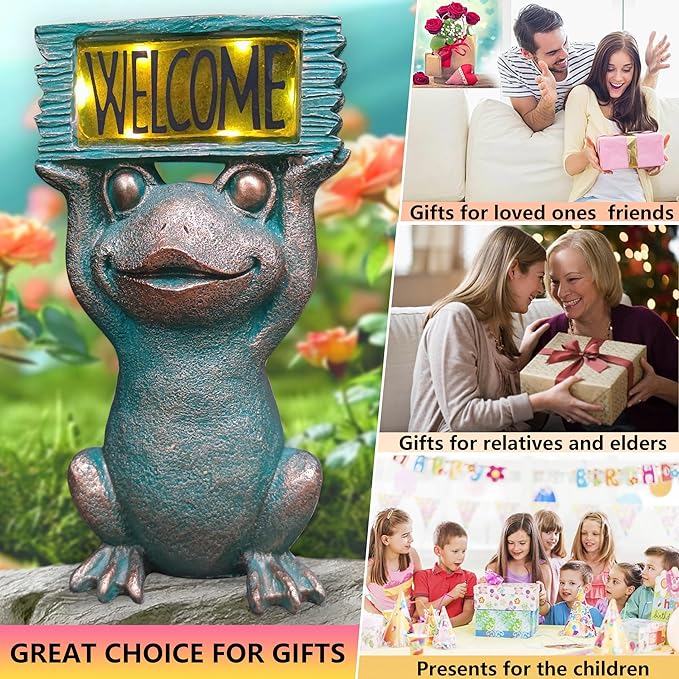 Frog Solar Welcome Garden Statues Outdoor Décor- Frog Figurines Solar LED Light Lawn Ornaments - Yard Decorations for Patio, Balcony, Backyard -Unique House Warming Gifts for Mom