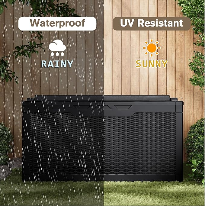 JUMMICO 100 Gallon Resin Deck Box with Cushion, Waterproof Outdoor Storage Box with Lockable Lid for Garden Tools, Patio Cushions (Black)