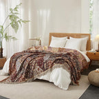 Boho Throw Blanket for Bed 60”x80”, 100% Cotton Woven Blanket for Couch Sofa, Ultra Soft 4-Layer Muslin Quilt with Patchwork Floral Printed, Farmhouse Bed Blanket/Cover for Living Room Decor